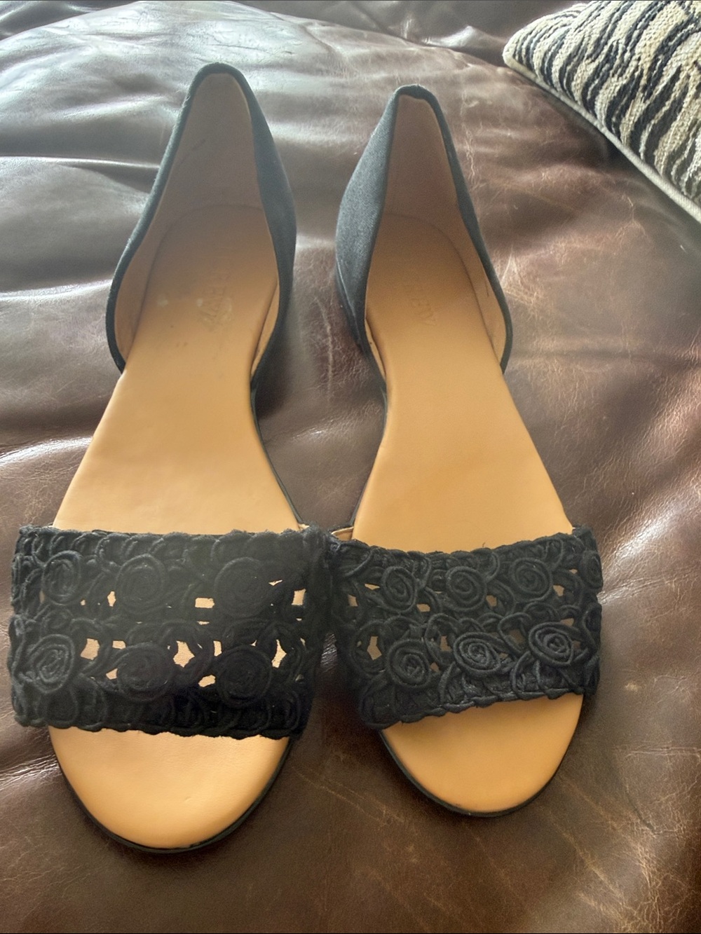 J. Crew Black Open-Front Floral Crochet Flats